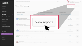 Educator account in Xello open to the Work-based learning page. The cursor is clicking View reports. 